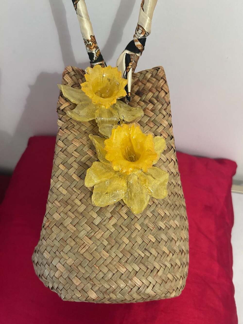 Vintage Woven Straw Basket Handbag with Resin Daffodil Embellishments and Scarf